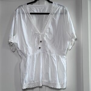 White‎ Cotton Boho Crochet Lace Smocked Waist Peplum Blouse Top RN 117761
